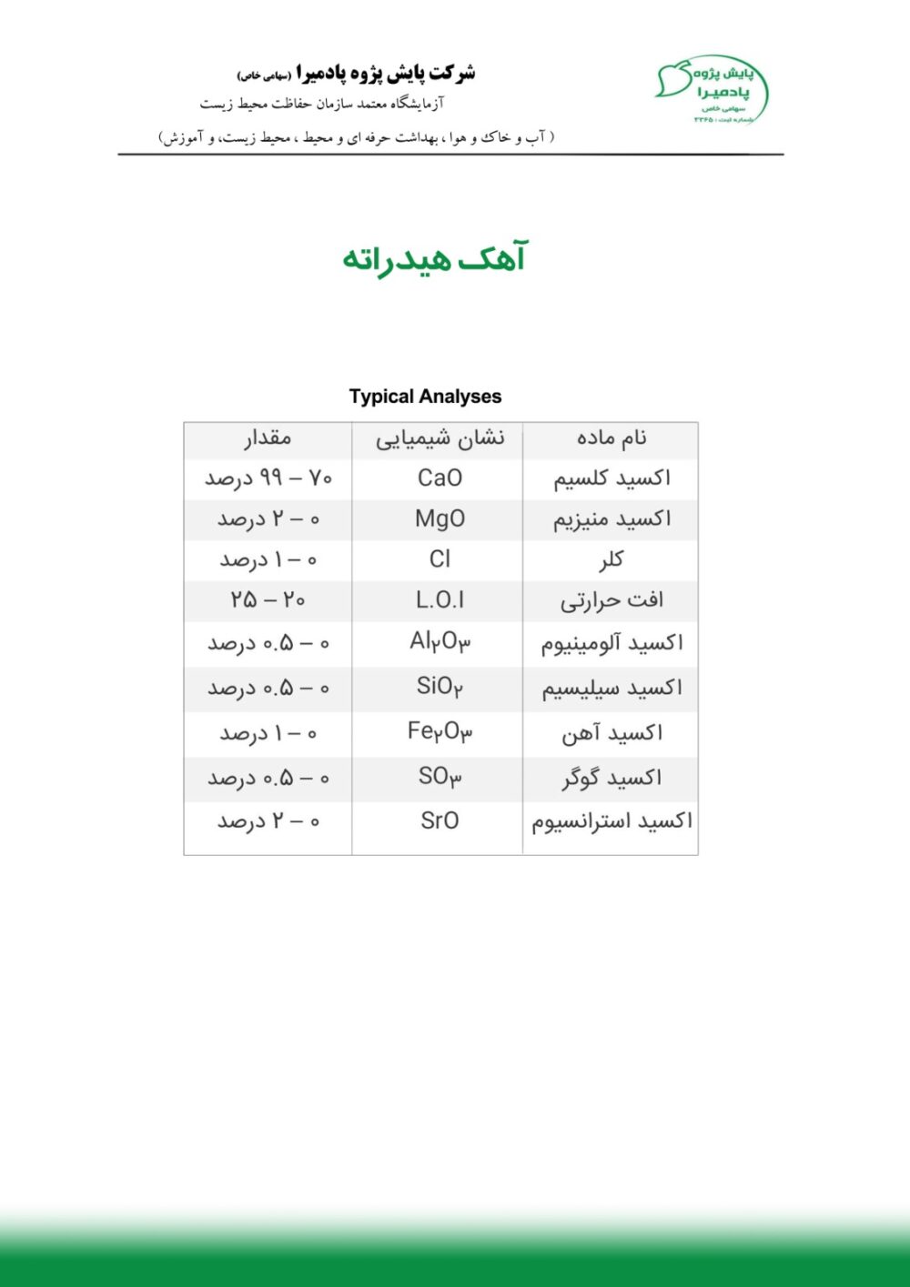 آنالیز آهک هیدراته
